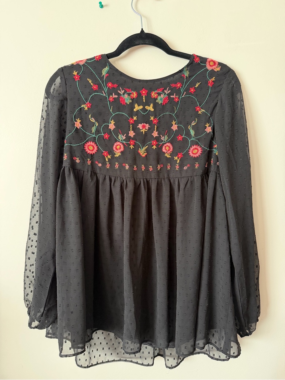 Embroidered Black Sheer Long-Sleeve Peasant Top